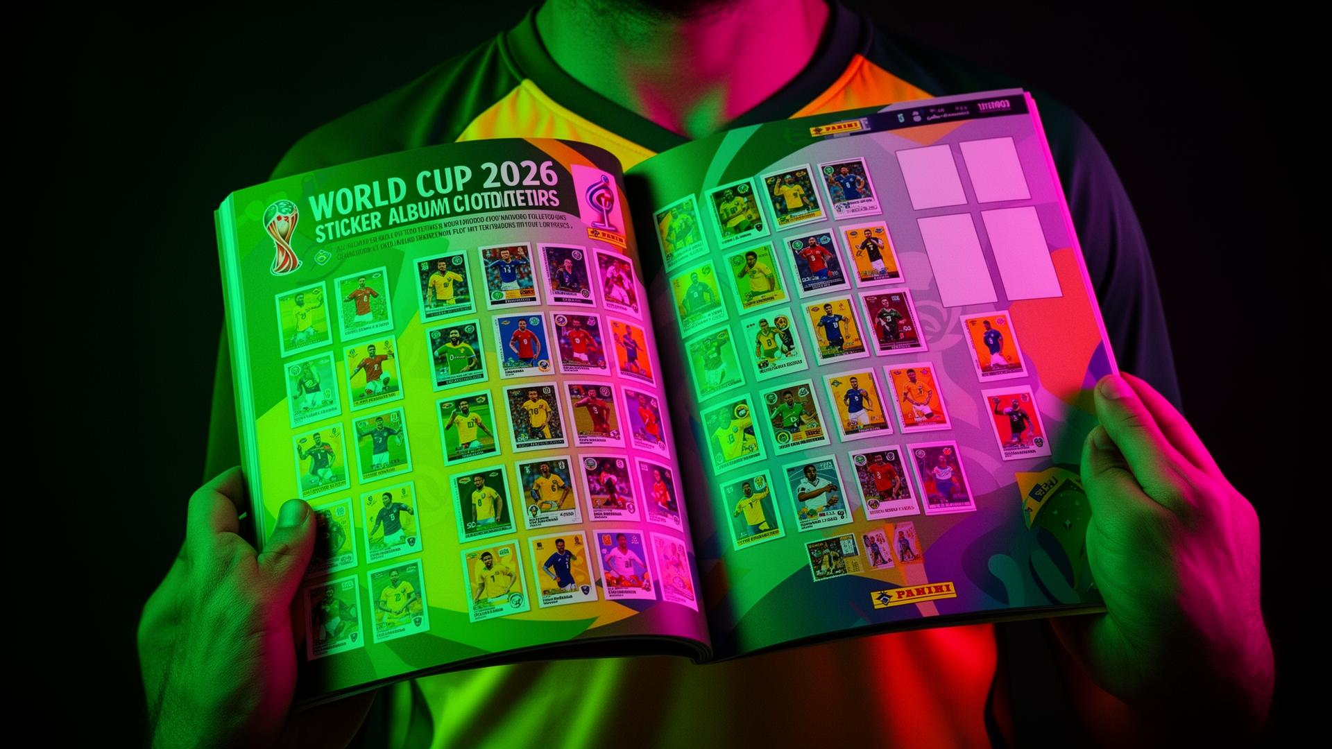 Colecionador segurando álbum de figurinhas Panini da Copa do Mundo FIFA 2026